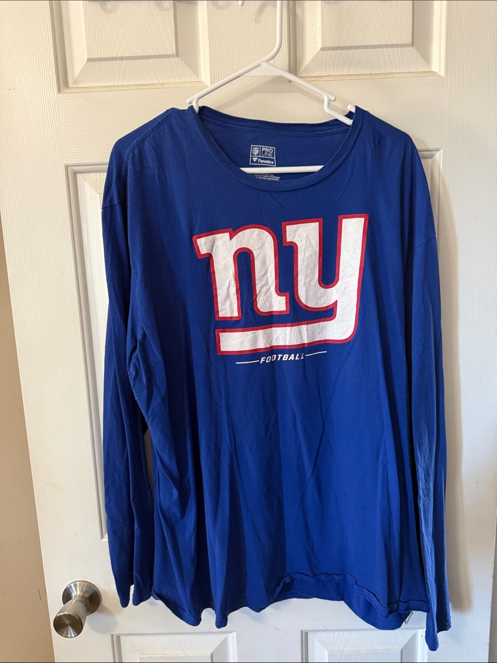 Fanatics Blue Long Sleeve NY Football Tee with White & Red Logo
